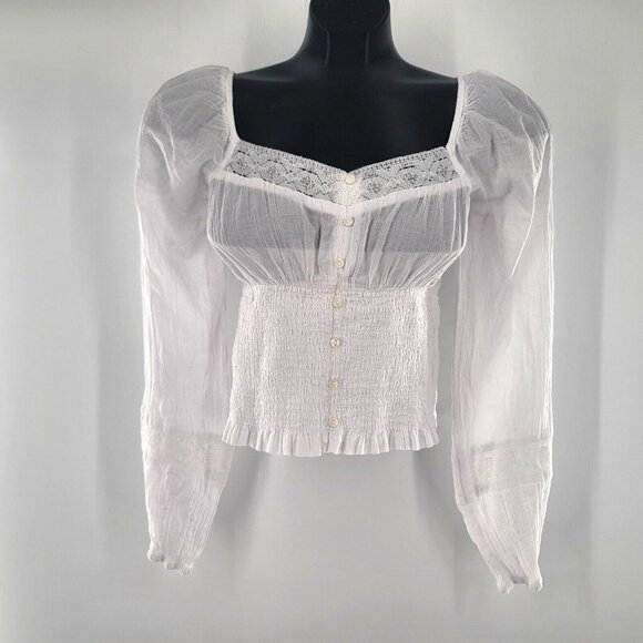 American Eagle XS XSmall White Embroidered Lace Peasant Top Shirt Blouse - Picture 1 of 6